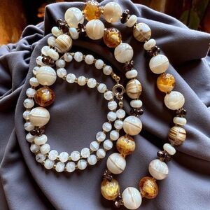 Vintage Molded Glass Long Necklace Brown Topaz Earthy Colors Beads Single Strand